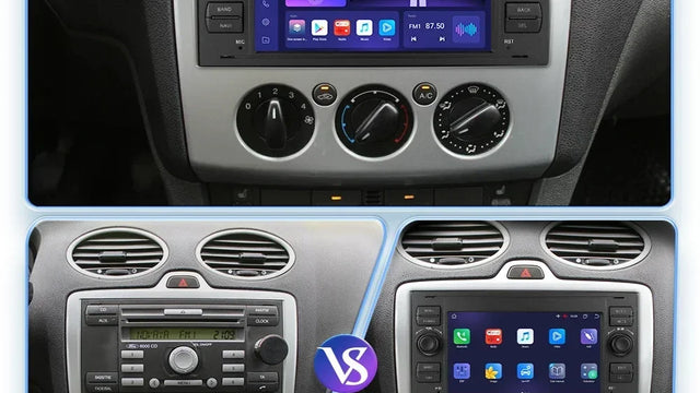 Avant et après dans la console d'un Ford : l'autoradio 2 DIN d'origine, puis l'écran tactile de 7 pouces avec ses boutons latéraux