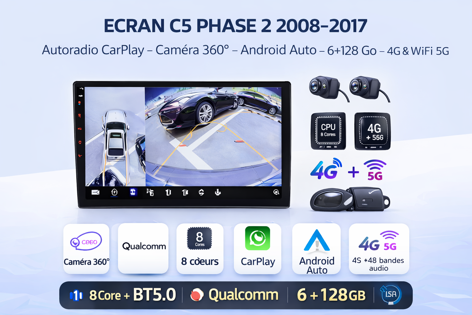Autoradio CarPlay Citroën C5 Phase 2 (2008-2017) : caméra 360°, 6 Go / 128 Go, 4G et Wi-Fi 5 GHz