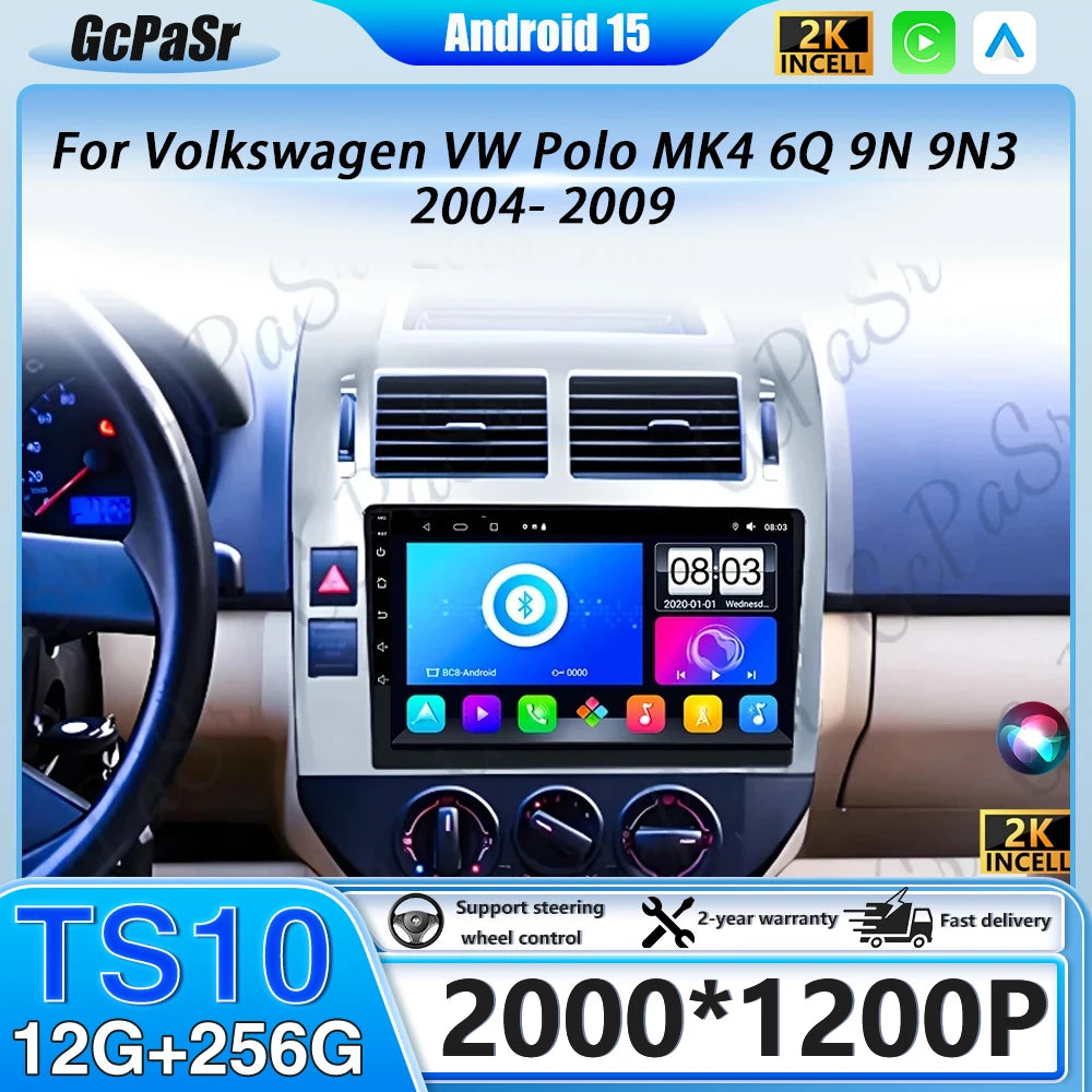 Autoradio CarPlay Volkswagen Polo 4 (2004-2009) – Écran 9 pouces, cadre noir ou argent