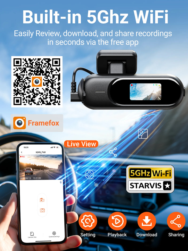 Dashcam Mini 4K Wi-Fi 5 GHz – Avant 4K et Arrière 1080P, Annonces Vocales, vue 4
