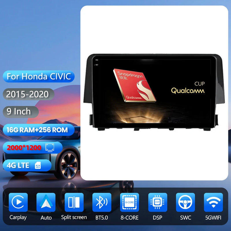 Autoradio CarPlay Honda Civic 10 (2015-2020) – Écran 9 pouces, jusqu'à 16 Go + 256 Go, vue 14