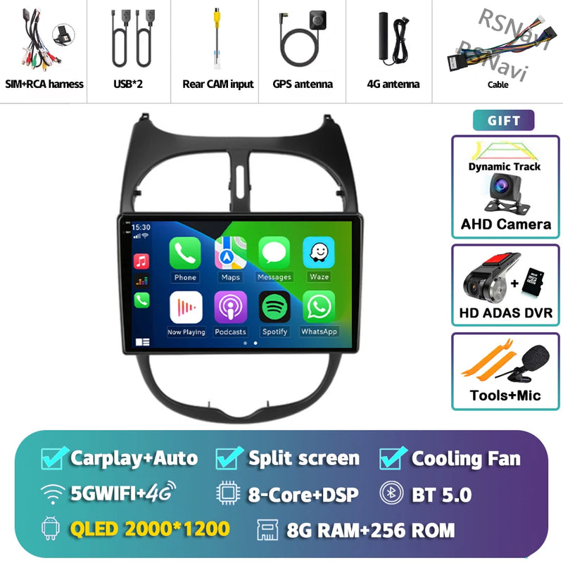 Autoradio CarPlay Peugeot 206, 206 SW et 206 CC – Écran 9 pouces, Android 16, vue 16