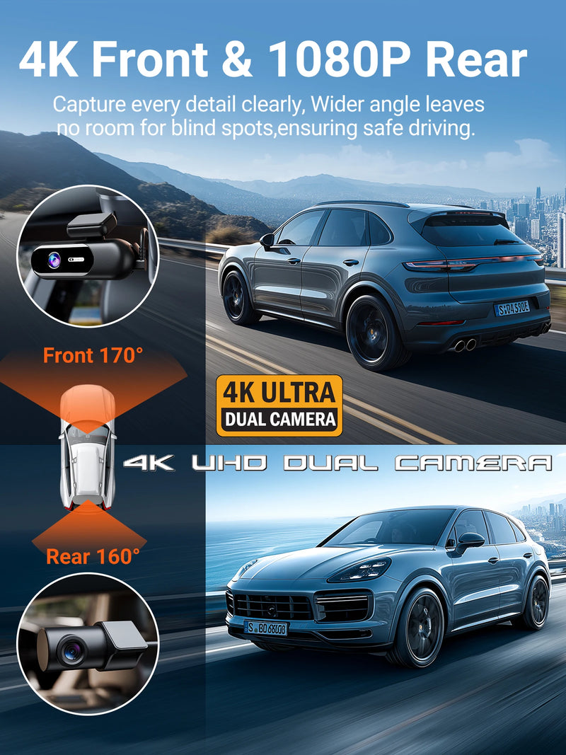 Dashcam Mini 4K Wi-Fi 5 GHz – Avant 4K et Arrière 1080P, Annonces Vocales, vue 2