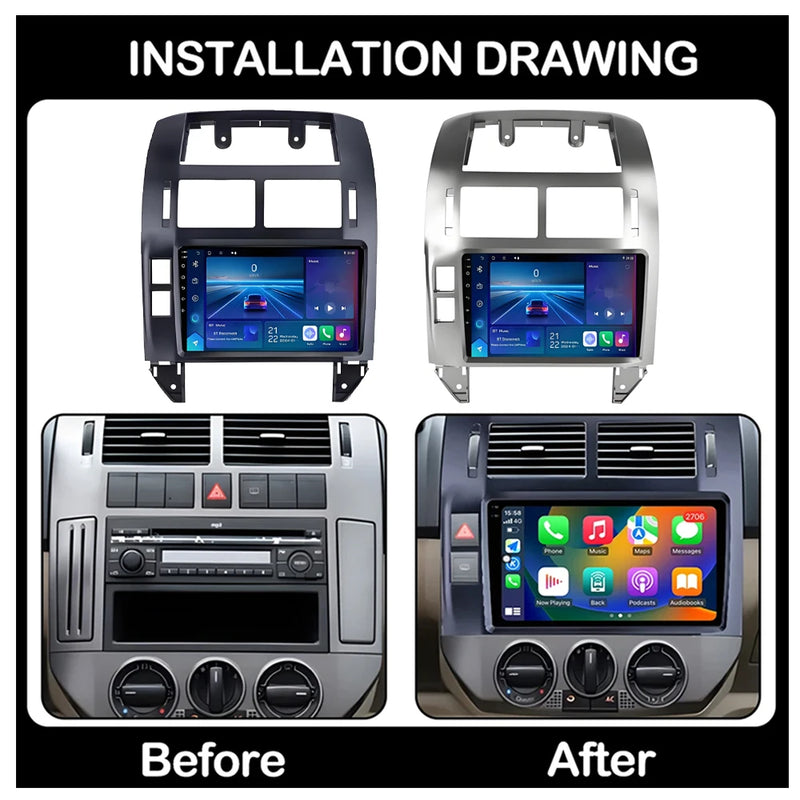 Autoradio CarPlay Volkswagen Polo 4 (2004-2009) – Écran 9 pouces, cadre noir ou argent, vue 2