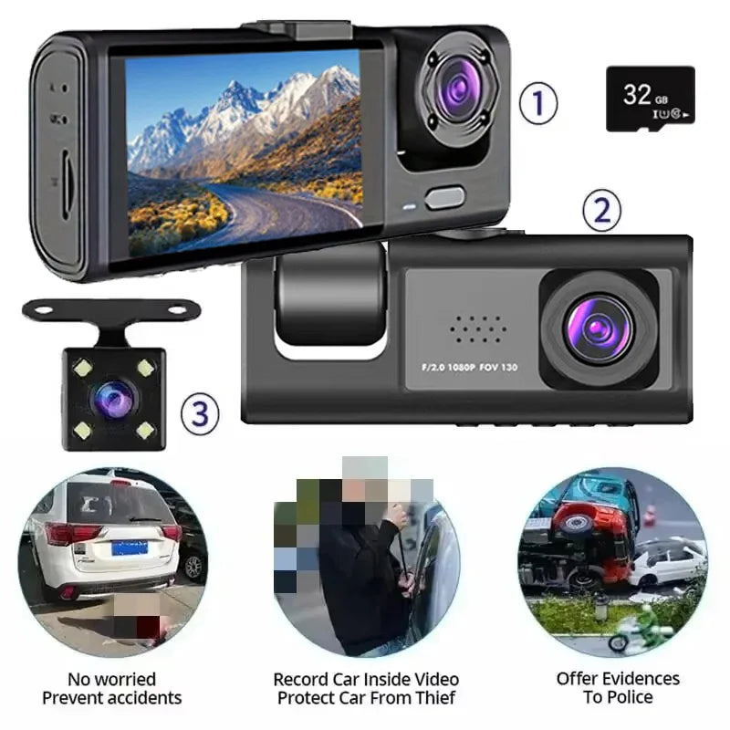 Dashcam Avant et Intérieur 1080P – Écran 2 Pouces, Caméra Arrière en Option