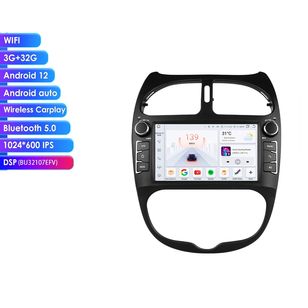 CarPlay Android Peugeot 206 – Autoradio Bluetooth, GPS & Écran Tactile (2000–2008)