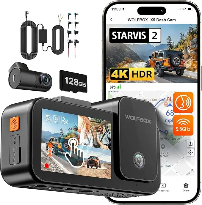 Caméra embarquée 4K triple vision – Miroir tactile GPS WiFi + SD 128 Go + hardwire