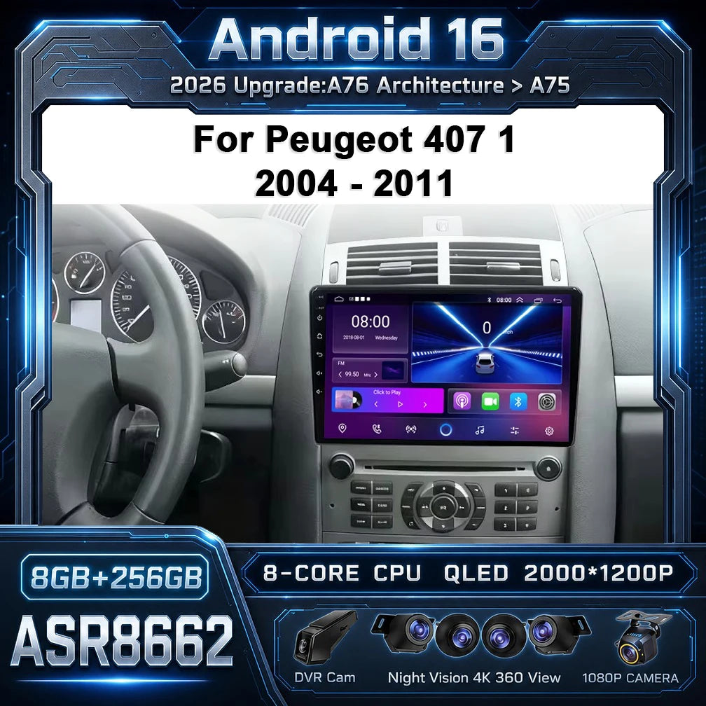 Autoradio CarPlay Peugeot 407 (2004-2011) – Android 16, boîtier CAN bus fourni, jusqu'à 8 Go + 256 Go