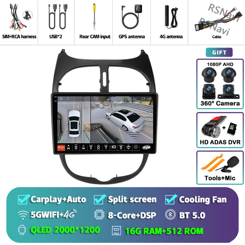 Autoradio CarPlay Peugeot 206, 206 SW et 206 CC – Écran 9 pouces, Android 16, vue 8