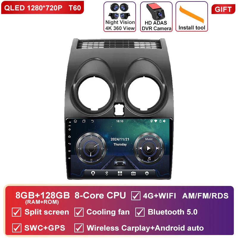 Autoradio CarPlay Nissan Qashqai J10 (2006-2013) – Écran 9 pouces, option écran 2K, jusqu'à 12 Go + 256 Go, vue 43