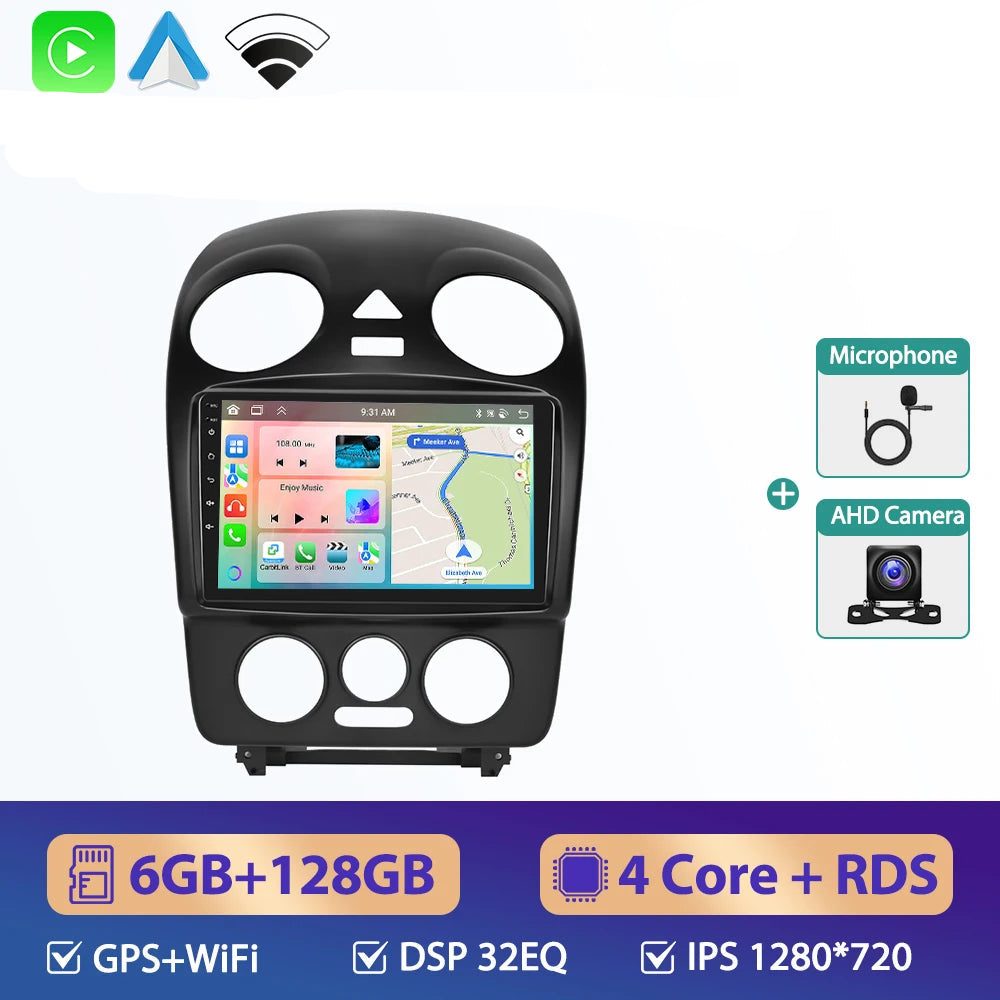 CarPlay New Beetle 2004–2010 6Go+128Go avec écran IPS, GPS, caméra AHD et micro