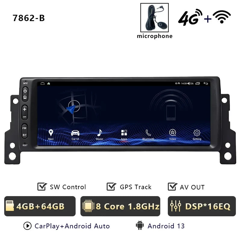Autoradio CarPlay MINI Cooper R50 R52 R53 (2004-2007) – 10 Configurations, 4G, Android 13, vue 13