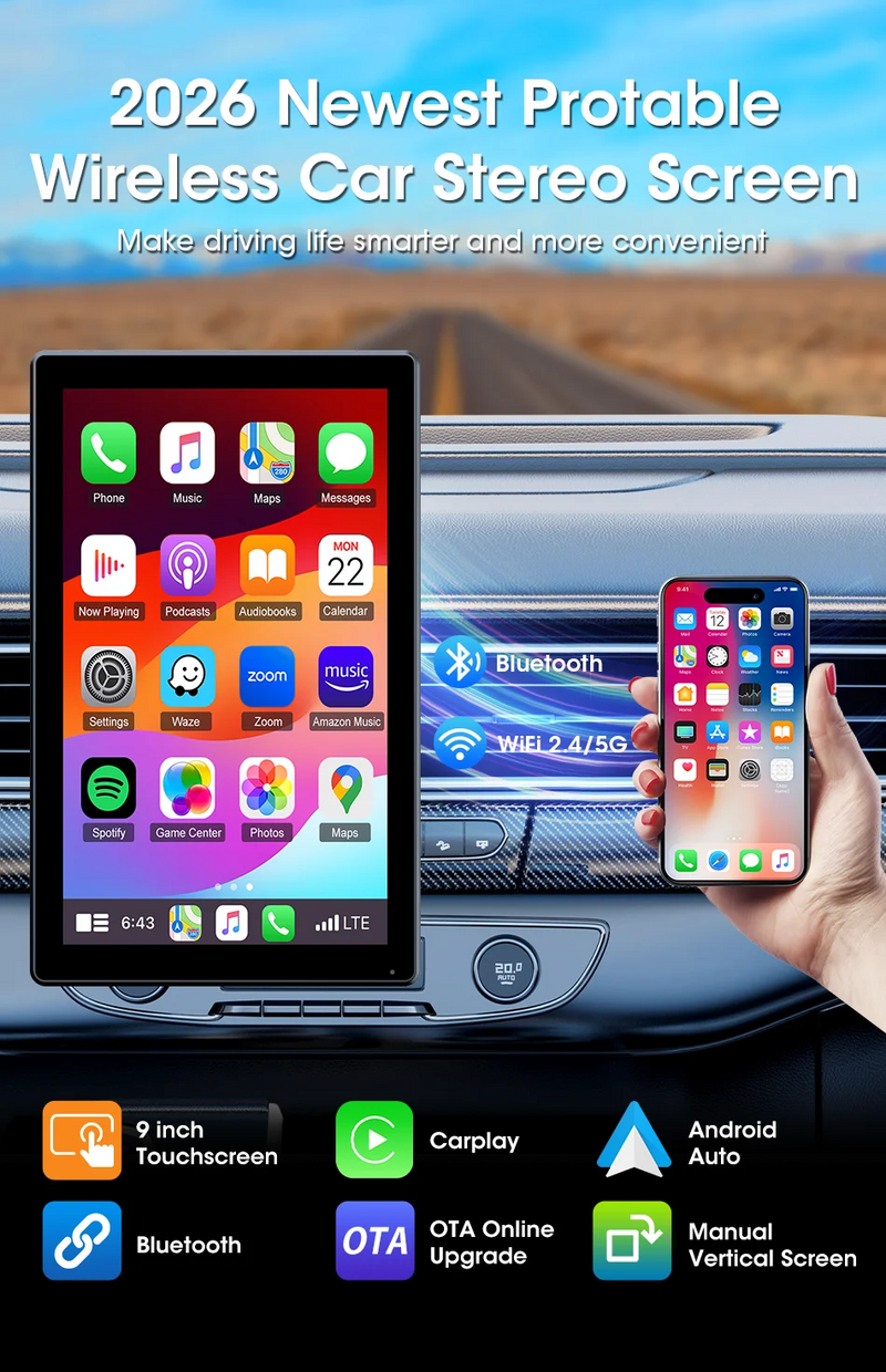 Écran CarPlay Universel Sans Fil 7, 8 ou 9 Pouces – Support Magnétique et Ventouse, vue 8