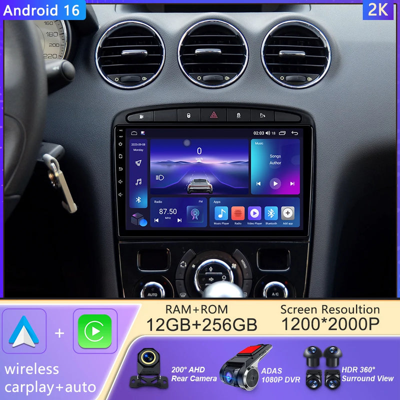 Autoradio CarPlay Peugeot 308, RCZ et 408 – Écran 9 pouces, Android 16