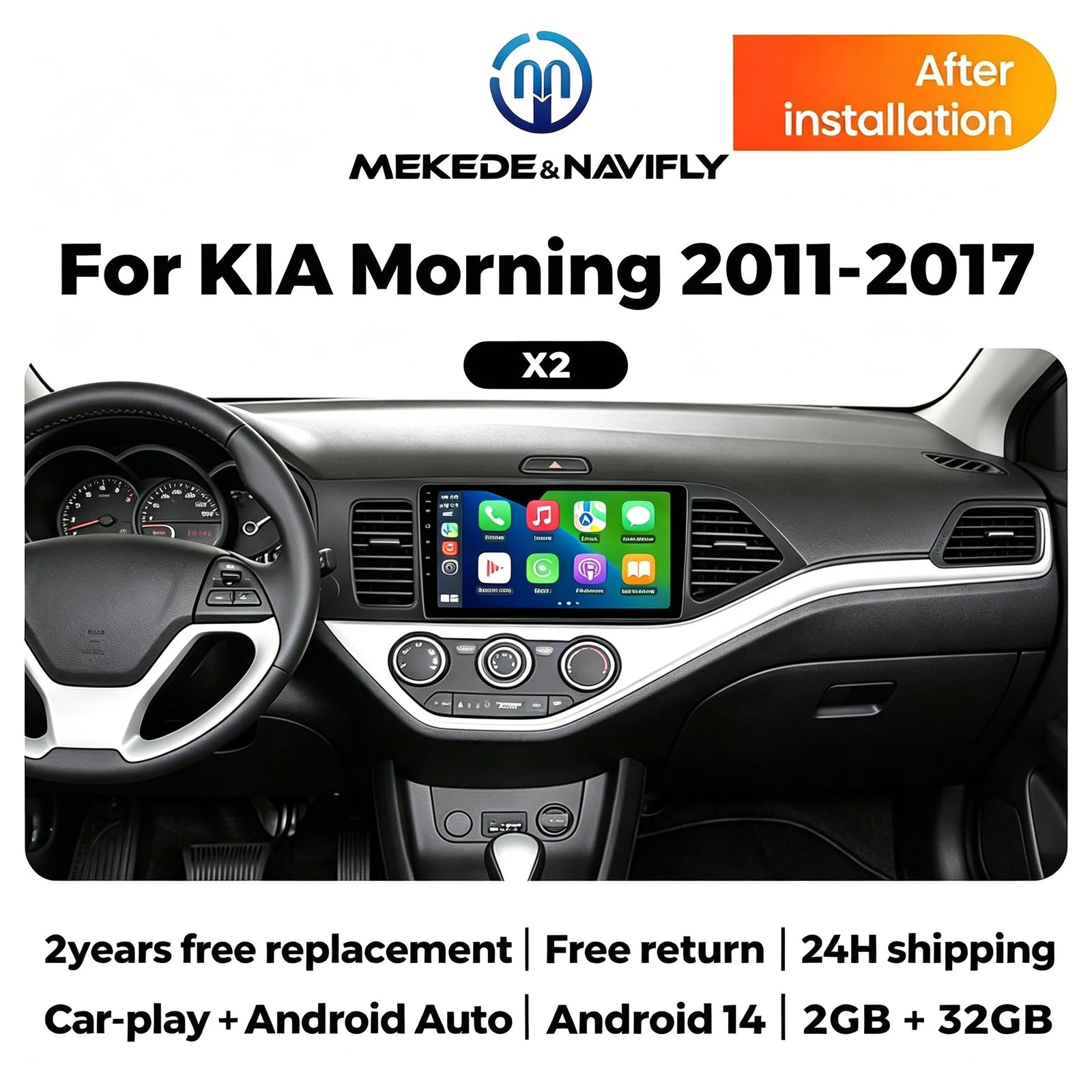 Autoradio CarPlay Kia Picanto 2 (2011-2017) – Écran 9 pouces, jusqu'à 2 Go + 32 Go