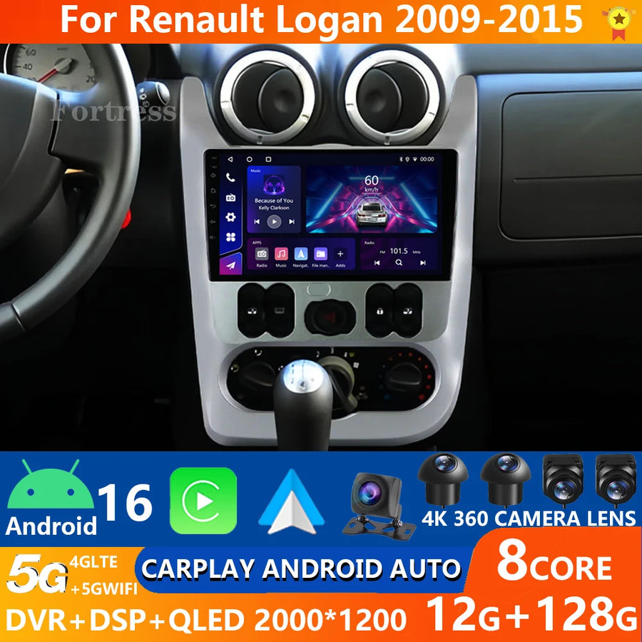 Autoradio CarPlay Dacia Logan 1 et Sandero (2009-2015) – Écran 9 pouces, jusqu'à 12 Go + 128 Go