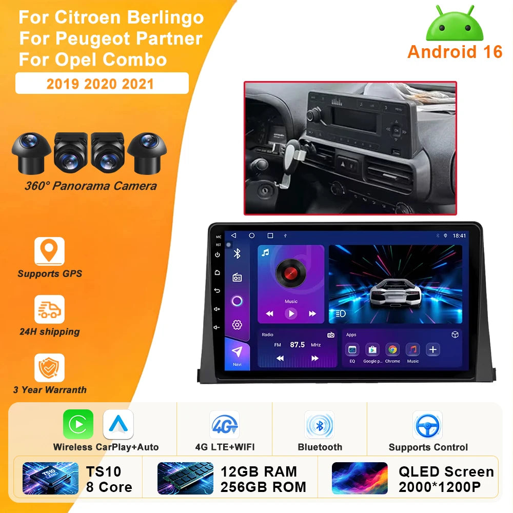 Autoradio CarPlay Citroën Berlingo, Peugeot Partner et Opel Combo (2019-2021) – Écran 10 pouces, jusqu'à 12 Go + 256 Go
