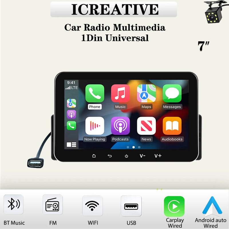 Autoradio CarPlay 1 DIN Universel – Écran 7 Pouces, Filaire, Mirror Link