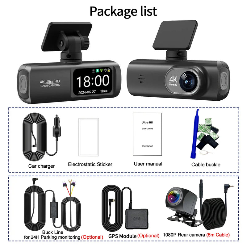 Dashcam 4K Wi-Fi Double Caméra – Écran 1,47 Pouce, GPS en Option, Kit Parking 24 h, vue 16