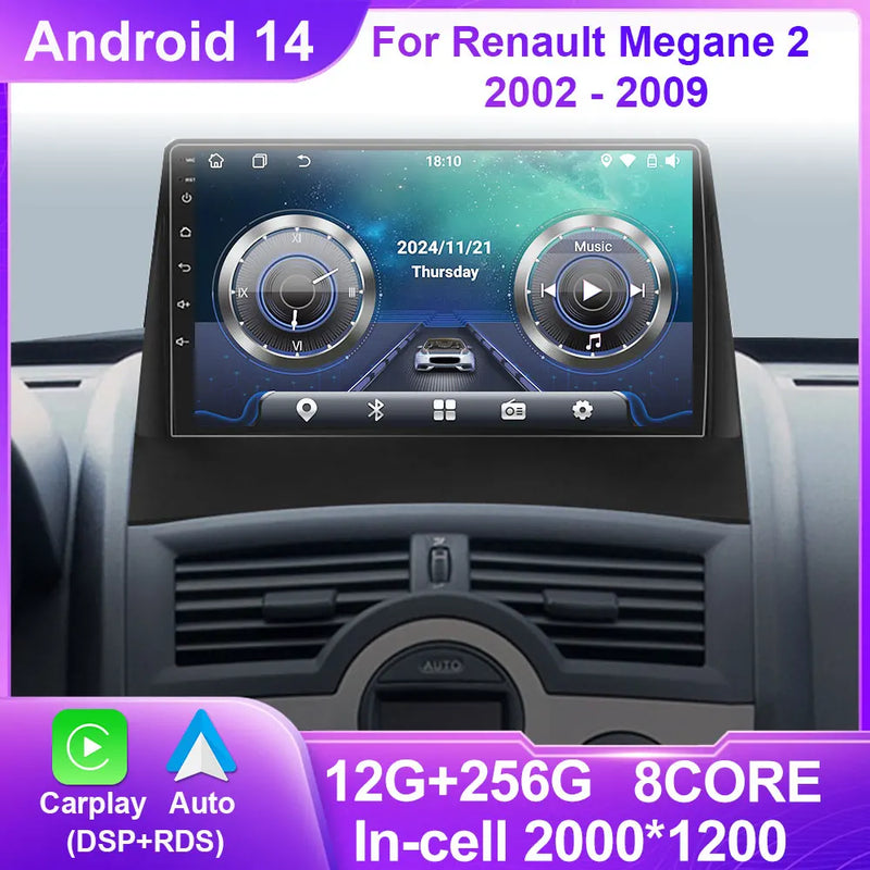 Autoradio CarPlay Renault Mégane 2 (2002-2009) – Écran 9 pouces, option écran 2K, jusqu'à 12 Go + 256 Go