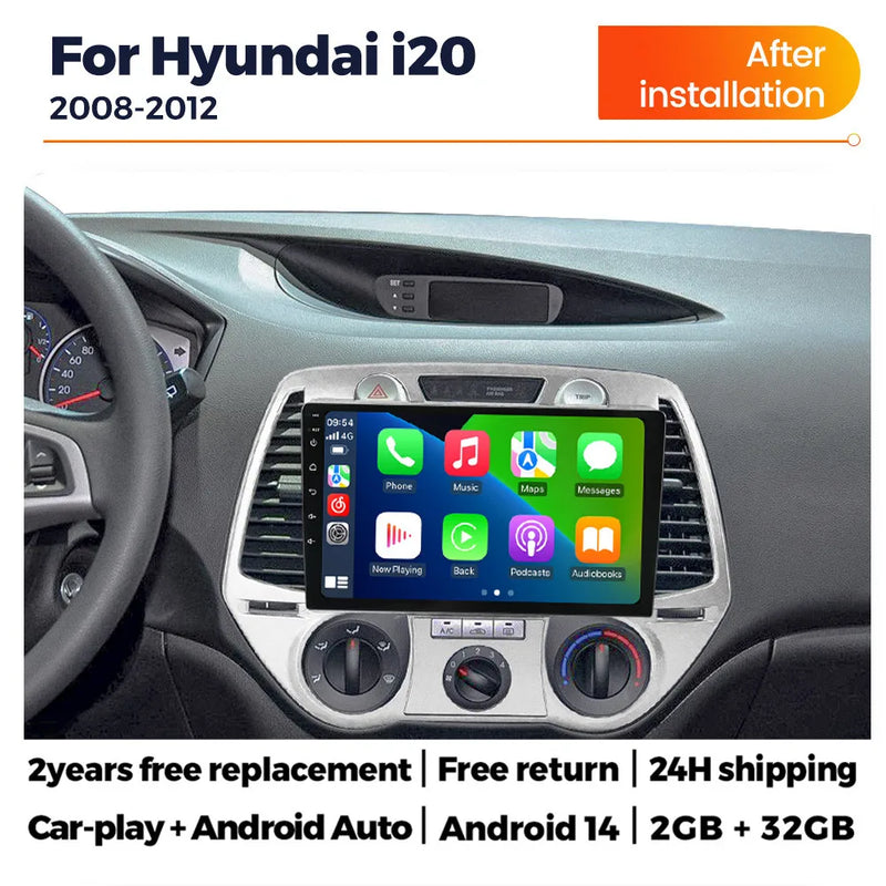 Autoradio CarPlay Hyundai i20 (2008-2012) – Écran 9 pouces, Android 14, jusqu'à 2 Go + 32 Go