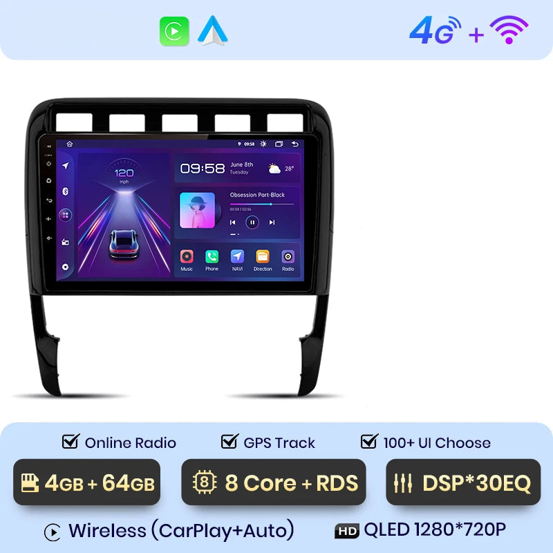 CarPlay Porsche Cayenne 9PA – Android 12 QLED, 4+64 Go, DSP 30 bandes + 4G