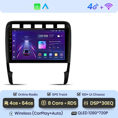 CarPlay Porsche Cayenne 9PA – Android 12 QLED, 4+64 Go, DSP 30 bandes + 4G
