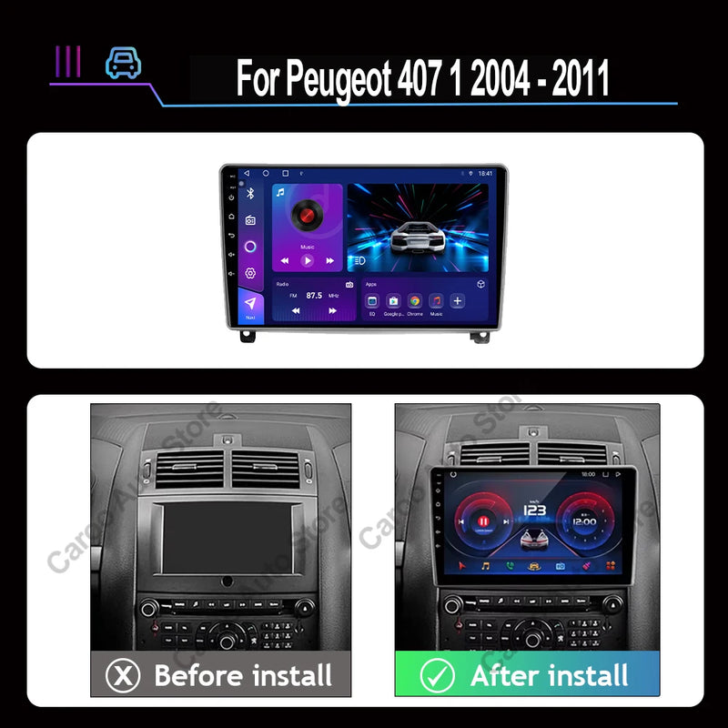 Autoradio CarPlay Peugeot 407 (2004-2011) – Écran 9 pouces, option écran 2K, jusqu'à 12 Go + 256 Go, vue 2