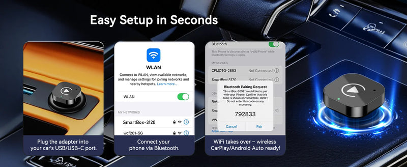 Adaptateur CarPlay Sans Fil USB-C Mini – CarPlay et Android Auto, Wi-Fi 5 GHz, Bluetooth 5.0, vue 12