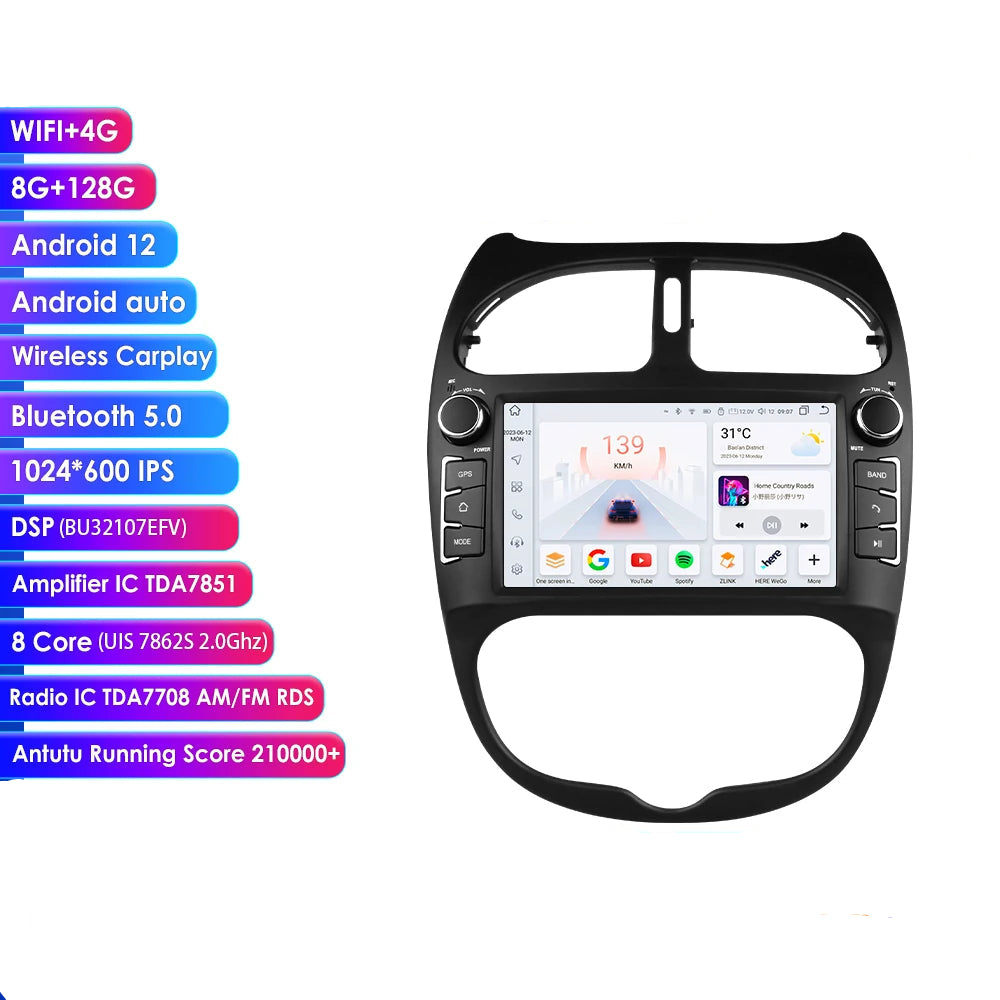 CarPlay Peugeot 206 – Autoradio Android 12, Écran 10.2", 8Go RAM, GPS & 4G (2000–2008)