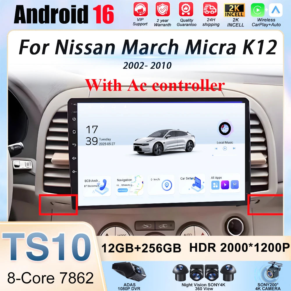 Autoradio CarPlay Nissan Micra K12 (2002-2010) – Écran 9 pouces, jusqu'à 12 Go + 256 Go