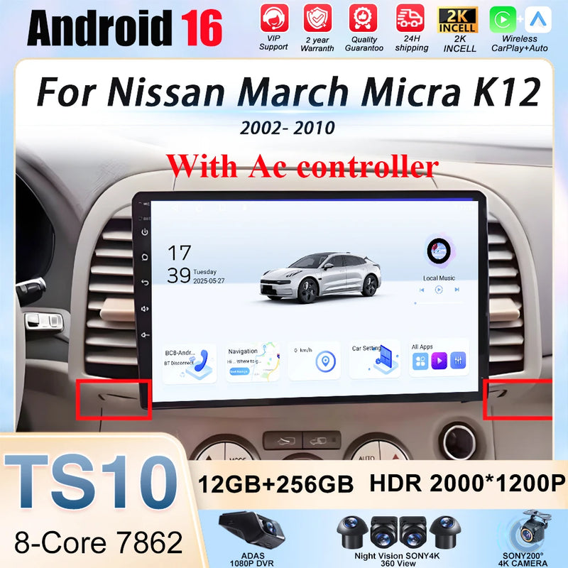 Autoradio CarPlay Nissan Micra K12 (2002-2010) – Écran 9 pouces, jusqu'à 12 Go + 256 Go