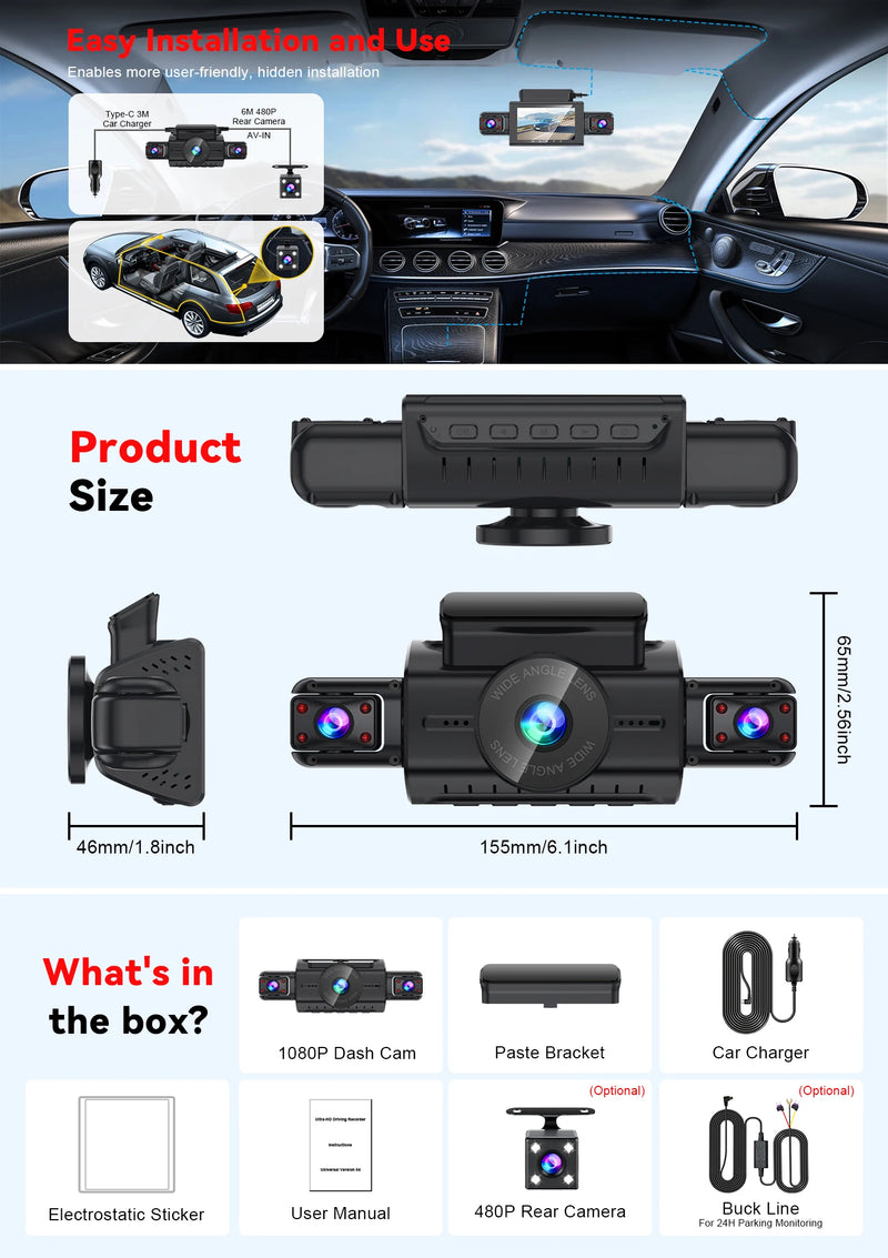 Dashcam 4 Voies Wi-Fi à Écran 3 Pouces – Avant 1080P, Caméras Latérales Infrarouges, vue 18