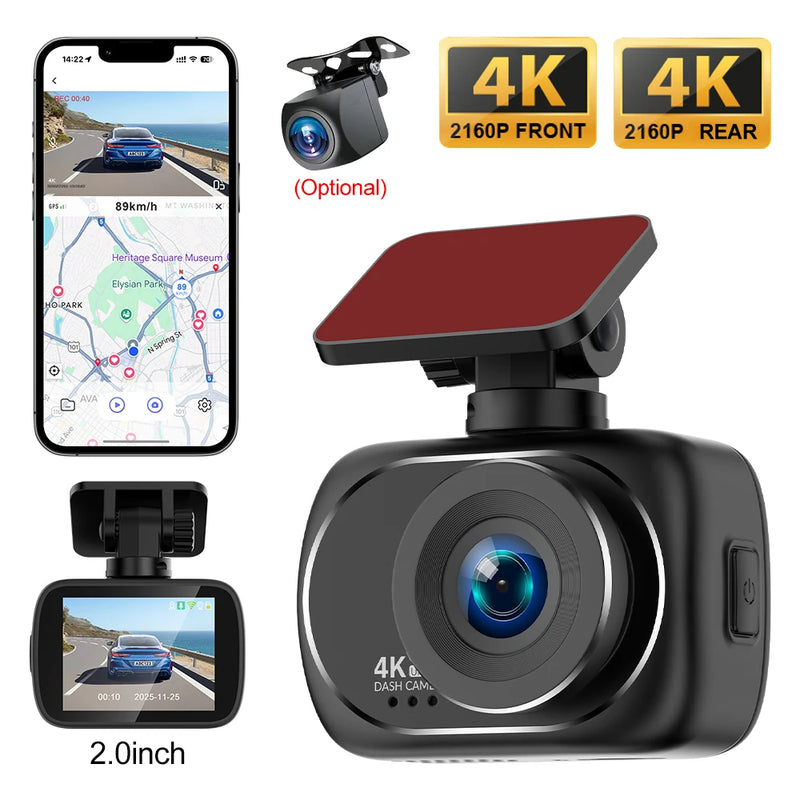 Dashcam 4K Avant et Arrière 4K – Écran 2 Pouces, Wi-Fi, GPS en Option