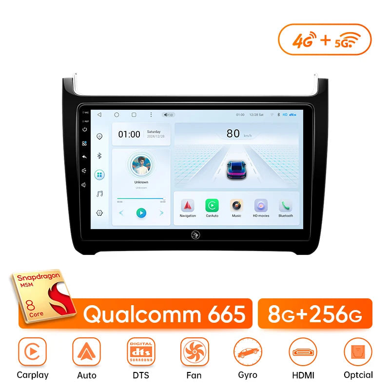 Écran Tactile Polo 5 (2008–2020) – Android 8 Go RAM, 256 Go ROM, CarPlay, GPS, DTS et 4G/5G