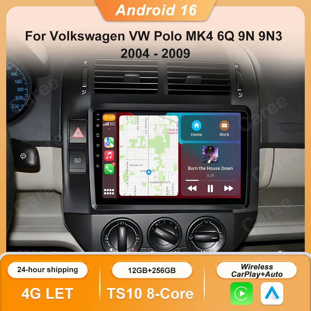 Autoradio CarPlay Volkswagen Polo 4 (2004-2009) – Écran QLED 9 pouces, Android 16, jusqu'à 12 Go + 256 Go