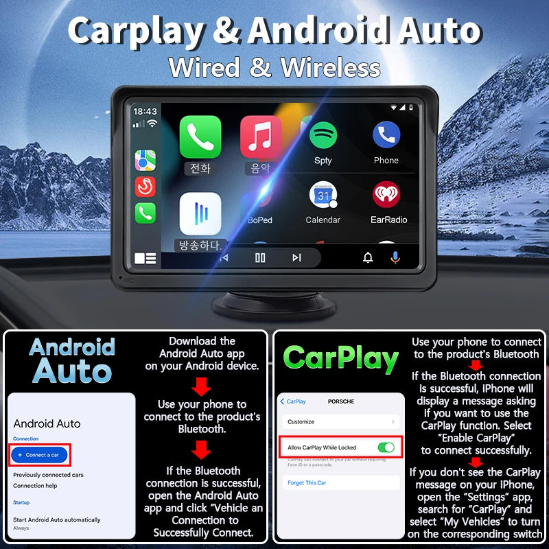 Écran CarPlay Portable Universel 7 Pouces – Ventouse ou Socle, Caméra de Recul, vue 8