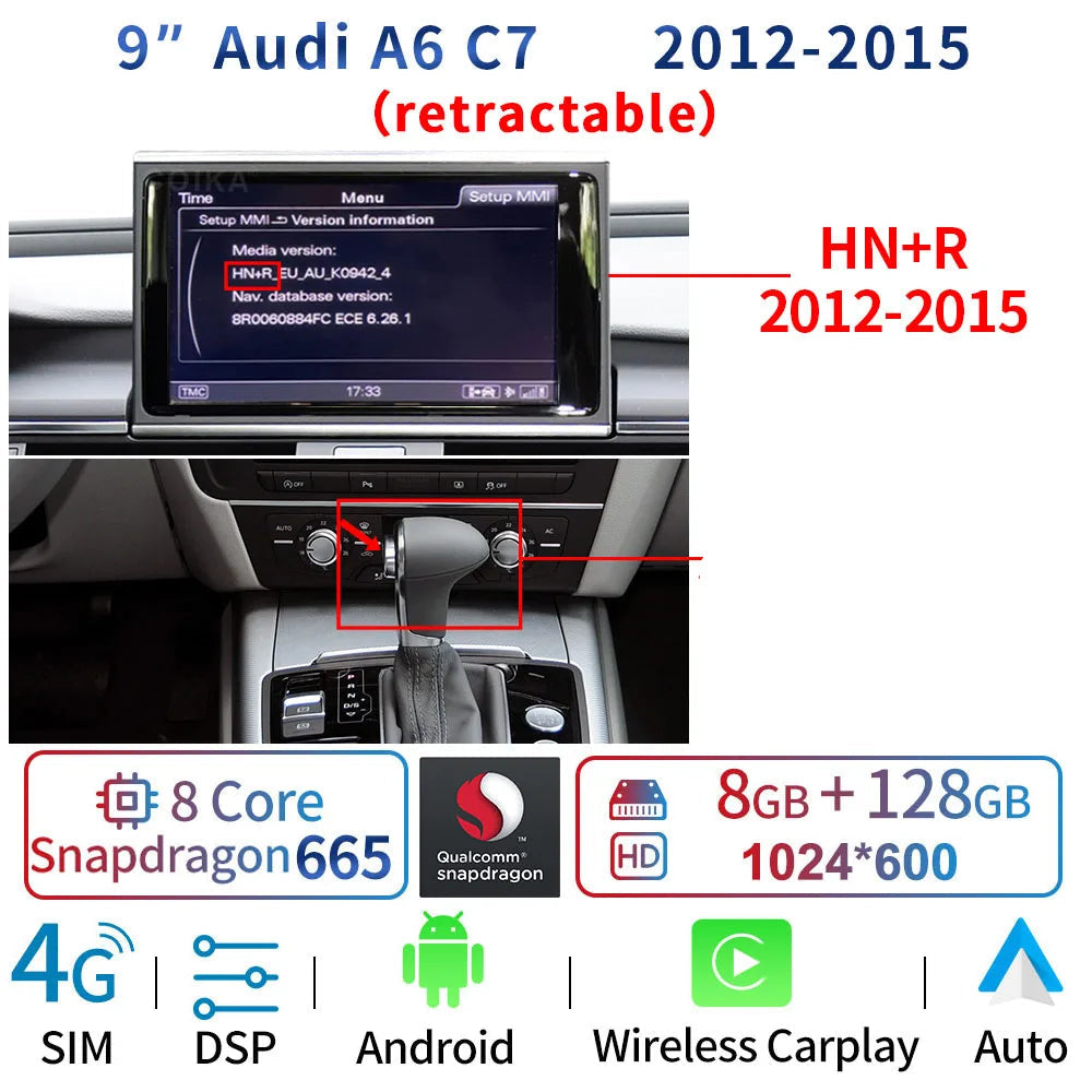 Écran audi a6 c7 HN+R 2012–2015 avec Snapdragon 665 et CarPlay sans fil