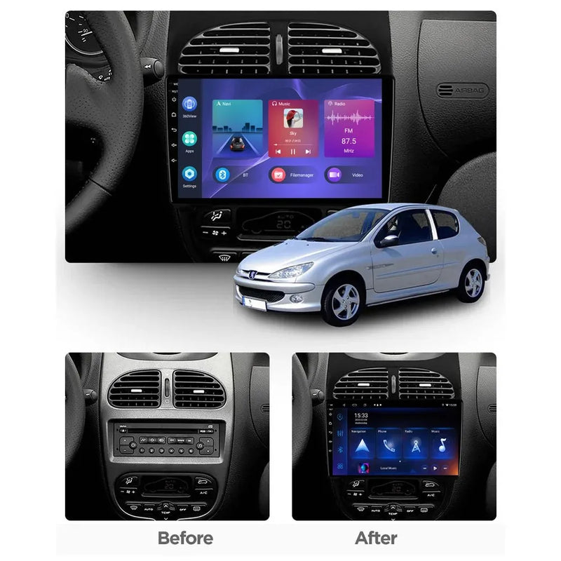 Autoradio CarPlay Peugeot 206, 206 SW et 206 CC – Écran 9 pouces, Android 16, vue 3