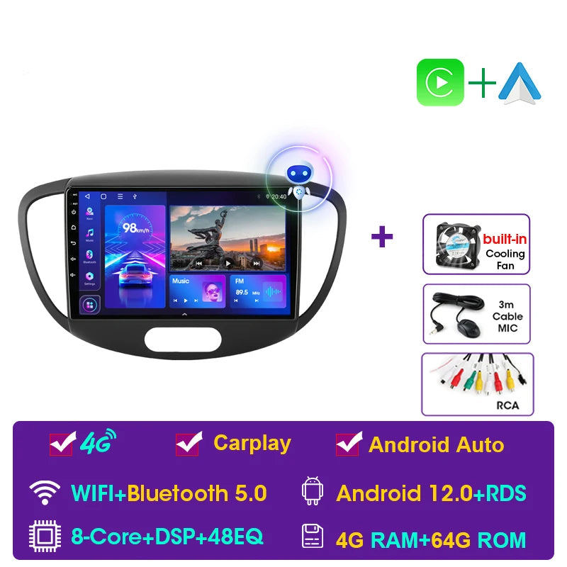 Autoradio CarPlay Hyundai i10 (2007-2013) – Écran Android 12, 4G