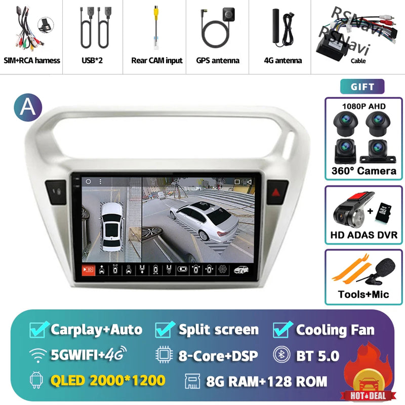 Autoradio CarPlay Peugeot 301 et Citroën C-Elysée (2012-2016) – Écran QLED, Android 16, vue 45