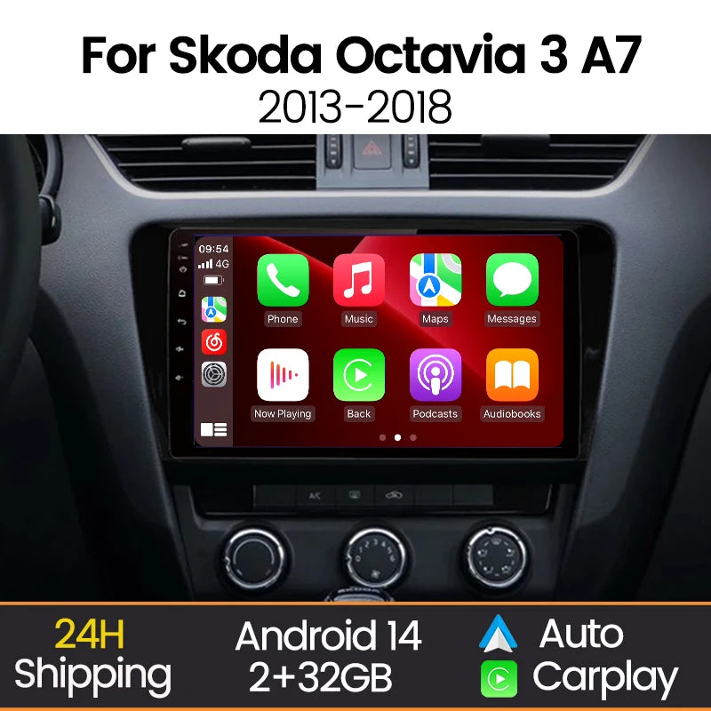 Autoradio CarPlay Skoda Octavia 3 A7 (2013-2018) – Écran 10 pouces, jusqu'à 2 Go + 32 Go