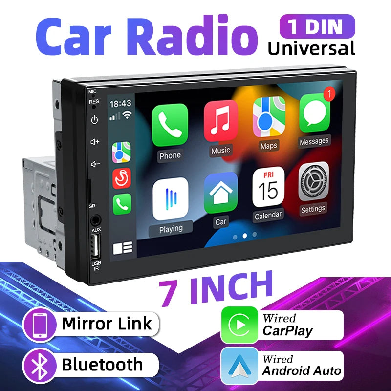 Autoradio CarPlay 1 DIN Universel – Écran 7 Pouces, Filaire, Télécommande