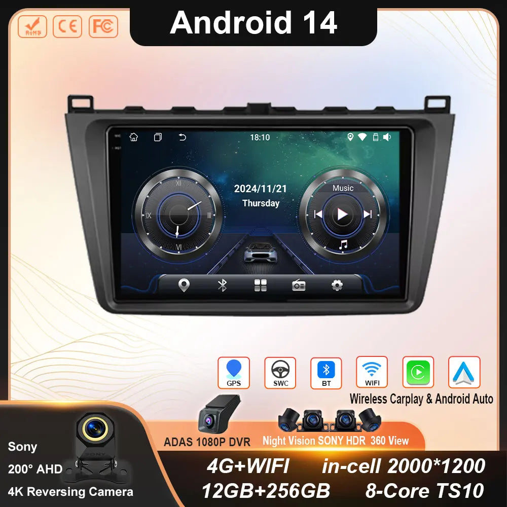 Autoradio CarPlay Mazda 6 GH (2008-2012) – Écran 9 pouces, jusqu'à 12 Go + 256 Go