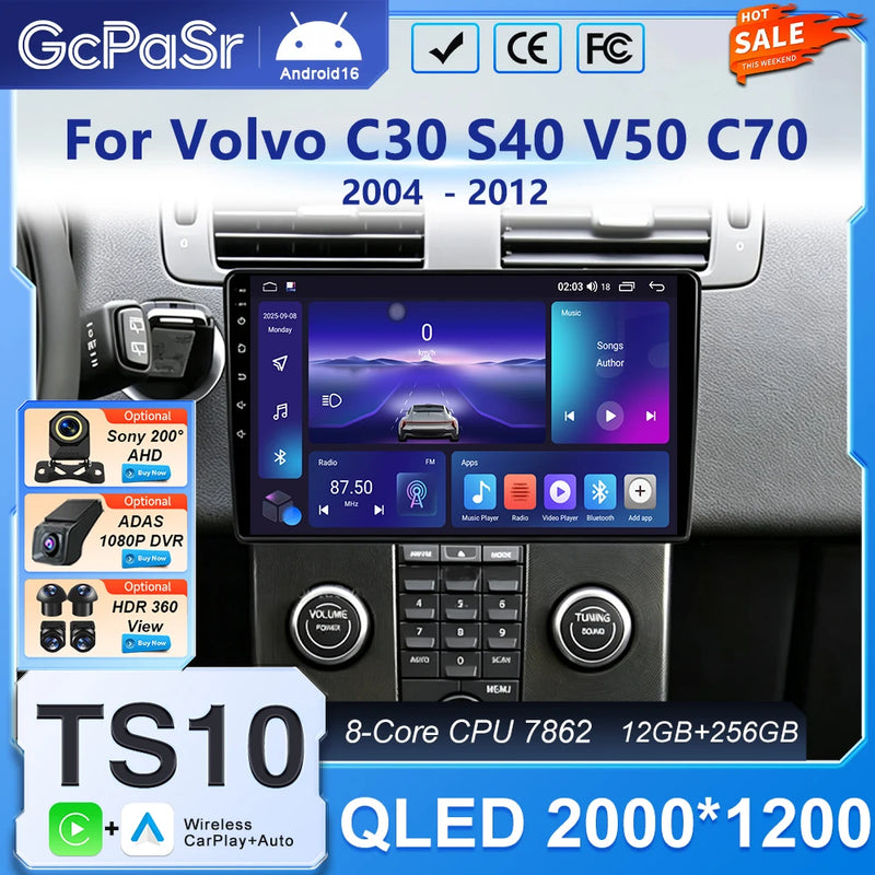 Autoradio CarPlay Volvo C30, S40, V50 et C70 (2004-2012) – Écran 9 pouces, jusqu'à 12 Go + 256 Go