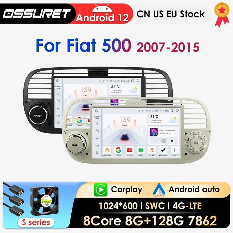 Autoradio CarPlay Fiat 500 (2007-2015) – Écran 7 pouces, 8 cœurs, jusqu'à 8 Go + 128 Go