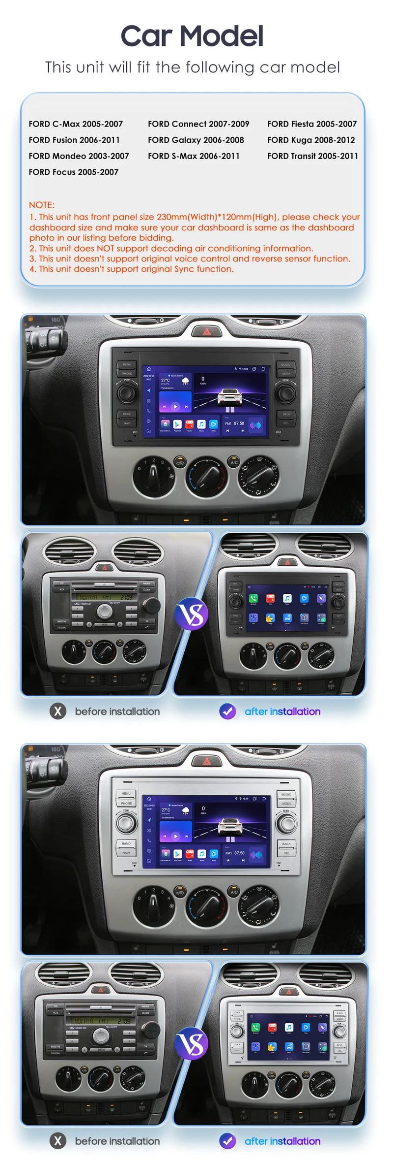 Autoradio CarPlay Ford Focus, Mondeo, S-Max et Kuga (2003-2012) – Écran 7 pouces, 2 DIN, vue 9