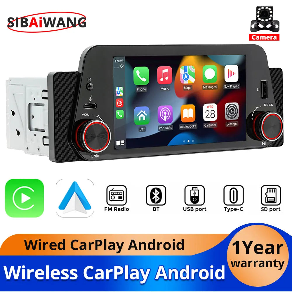 Autoradio CarPlay 1 DIN Universel – Écran 5 Pouces, Sans Fil, Bluetooth, FM