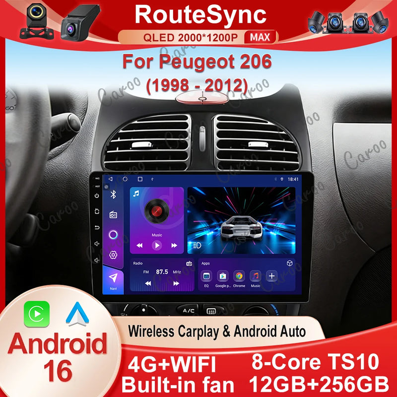 Autoradio CarPlay Peugeot 206, 206 CC et 206 SW (2000-2008) – Écran QLED 9 pouces, jusqu'à 12 Go + 256 Go