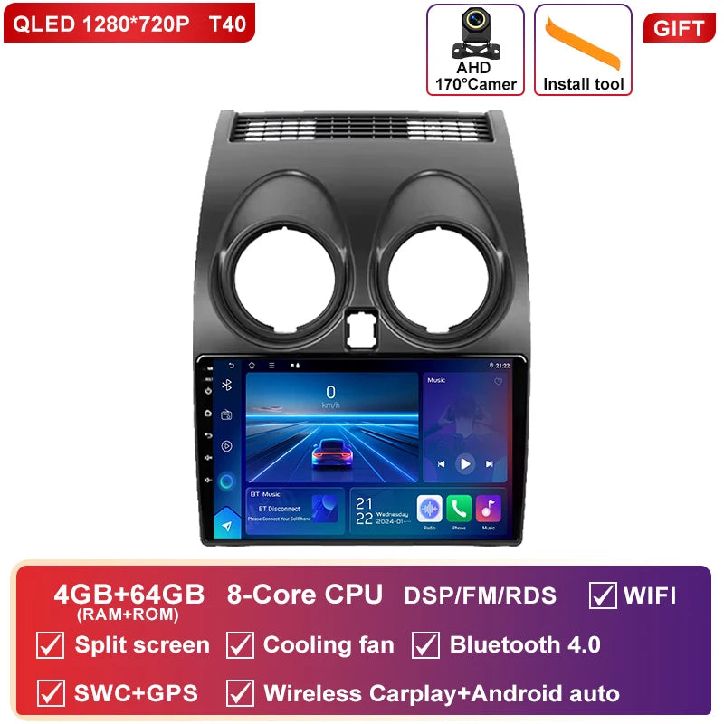 Autoradio CarPlay Nissan Qashqai J10 (2006-2013) – Écran 9 pouces, option écran 2K, jusqu'à 12 Go + 256 Go, vue 50